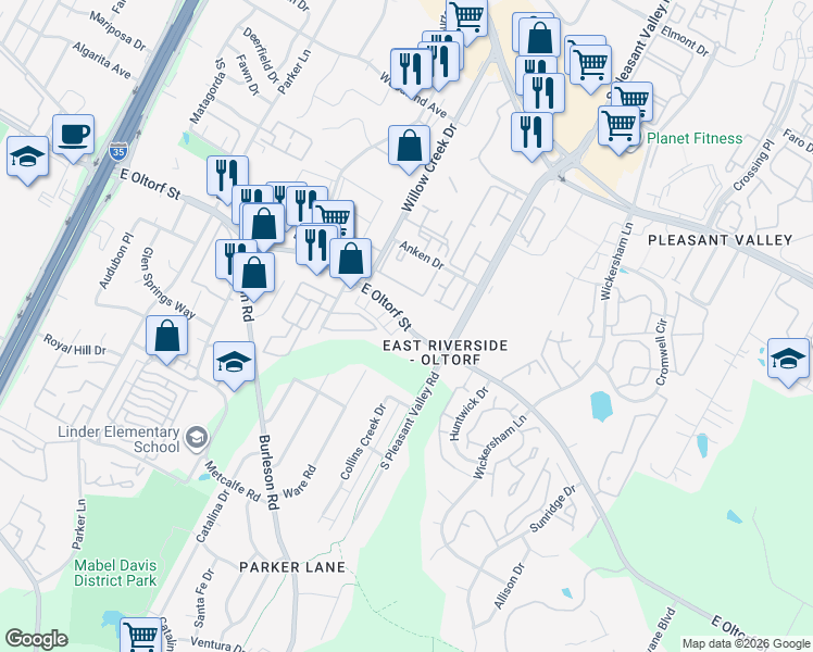 map of restaurants, bars, coffee shops, grocery stores, and more near East Oltorf Street in Austin