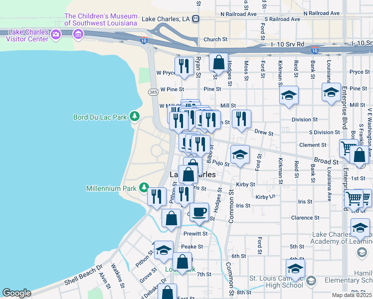map of restaurants, bars, coffee shops, grocery stores, and more near 822 Ryan Street in Lake Charles