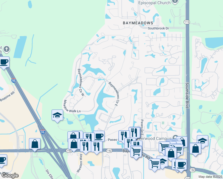map of restaurants, bars, coffee shops, grocery stores, and more near 7900 Baymeadows Circle East in Jacksonville