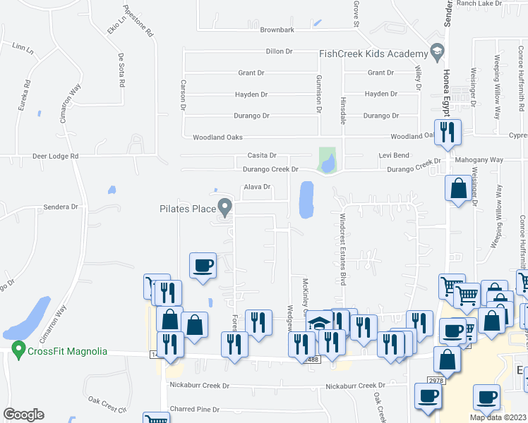 map of restaurants, bars, coffee shops, grocery stores, and more near 7226 Winter Song Drive in Magnolia