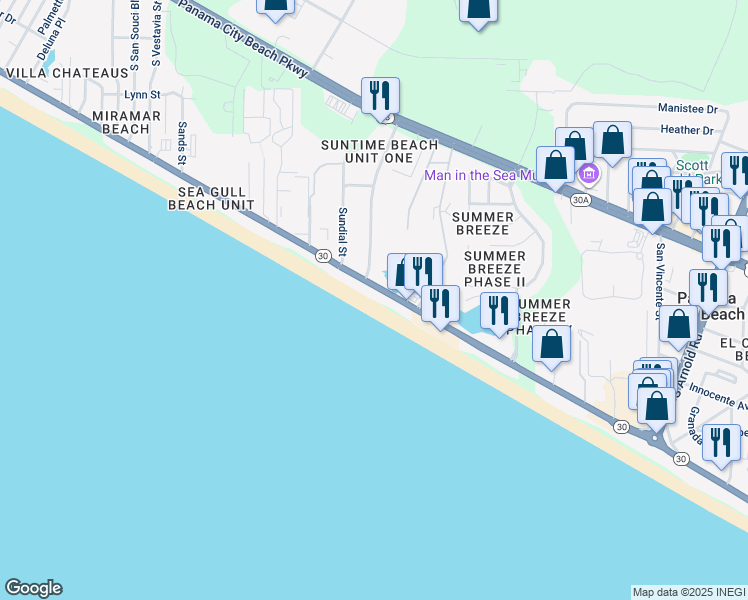 map of restaurants, bars, coffee shops, grocery stores, and more near 17497 Front Beach Road in Panama City Beach
