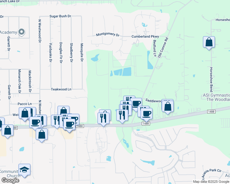 map of restaurants, bars, coffee shops, grocery stores, and more near 460 Watermere Drive in Conroe