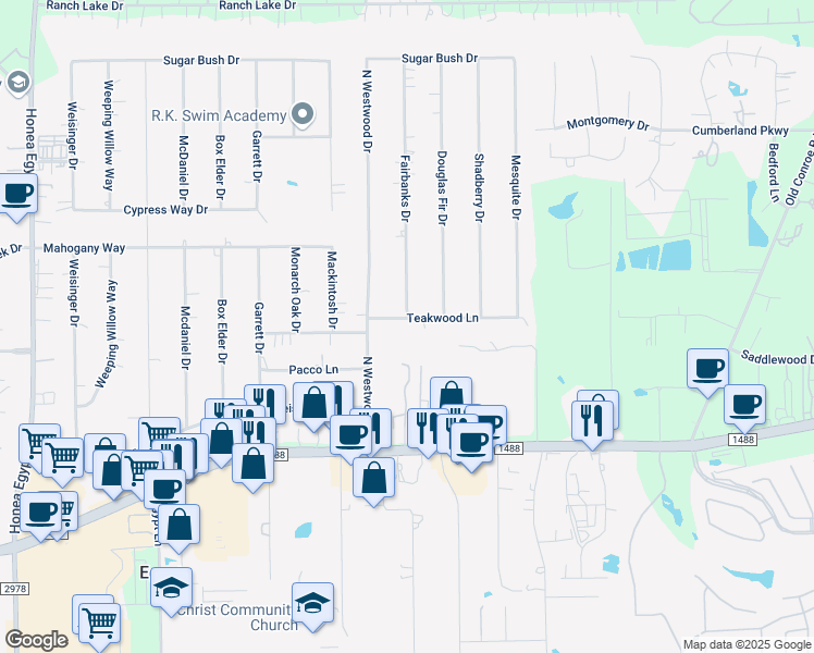 map of restaurants, bars, coffee shops, grocery stores, and more near 5603 Teakwood Lane in Magnolia