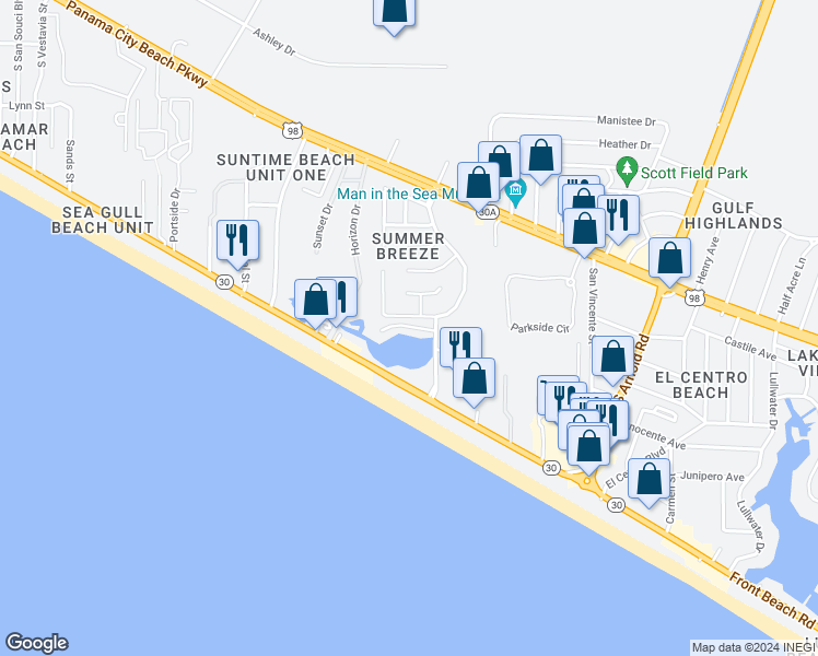 map of restaurants, bars, coffee shops, grocery stores, and more near in Panama City Beach
