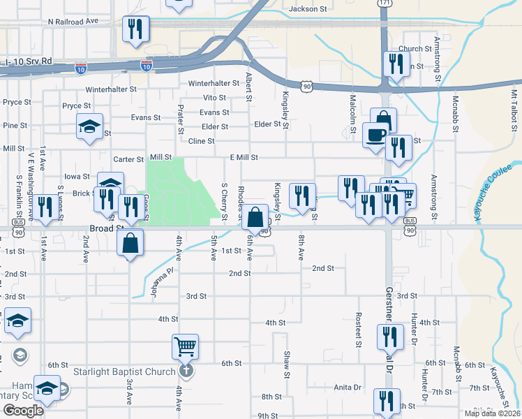 map of restaurants, bars, coffee shops, grocery stores, and more near 724 Moss Street in Lake Charles