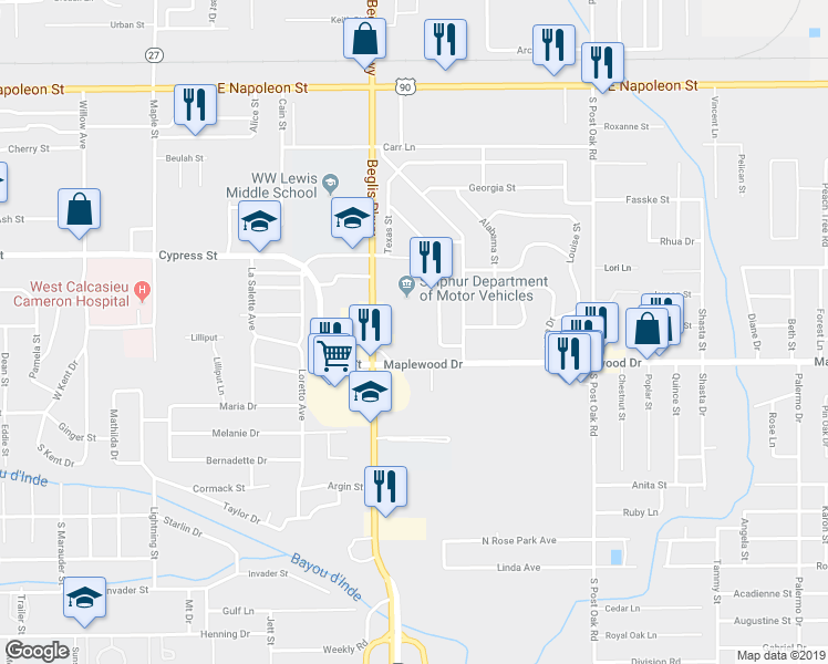 map of restaurants, bars, coffee shops, grocery stores, and more near 1600 Maplewood Drive in Sulphur