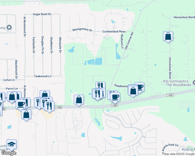 map of restaurants, bars, coffee shops, grocery stores, and more near 450 Woodland Square Boulevard in Conroe