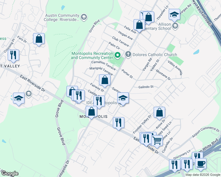 map of restaurants, bars, coffee shops, grocery stores, and more near 6305 Santos Street in Austin