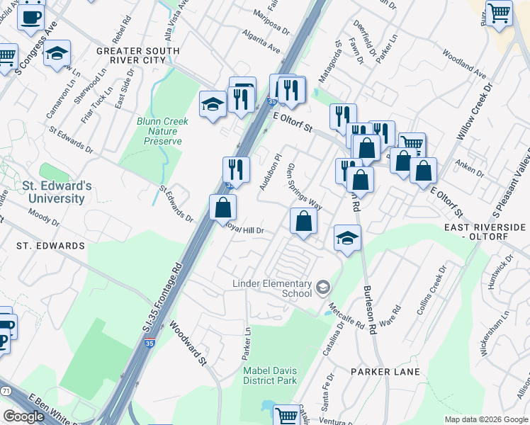 map of restaurants, bars, coffee shops, grocery stores, and more near 2706 Little Valley Cove in Austin