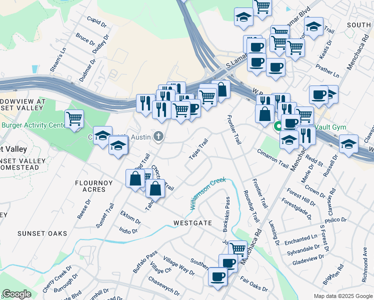 map of restaurants, bars, coffee shops, grocery stores, and more near 4605 Tejas Trail in Austin