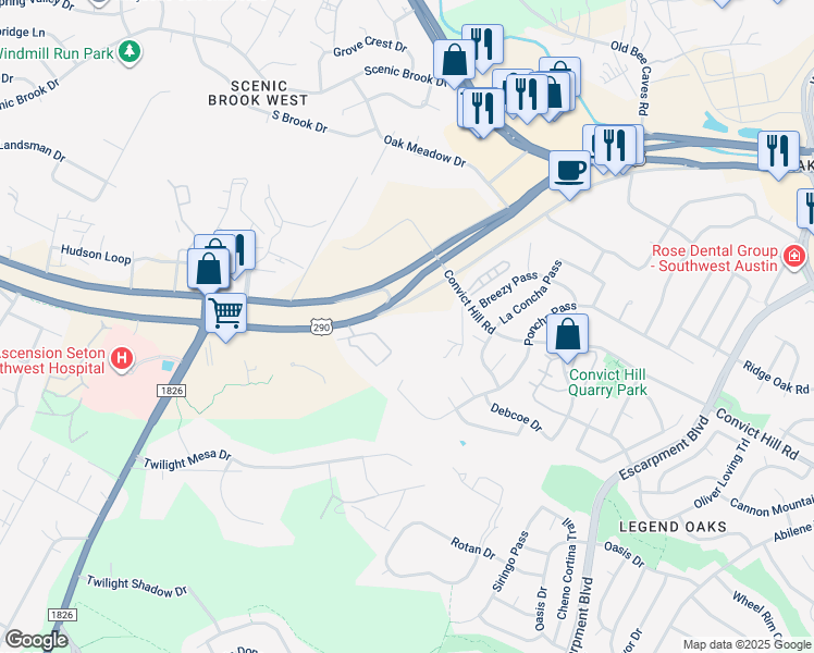 map of restaurants, bars, coffee shops, grocery stores, and more near 7501 U.S. 290 in Austin