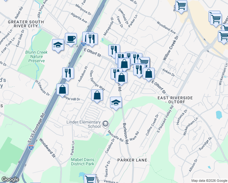 map of restaurants, bars, coffee shops, grocery stores, and more near 2000 Iroquois Lane in Austin