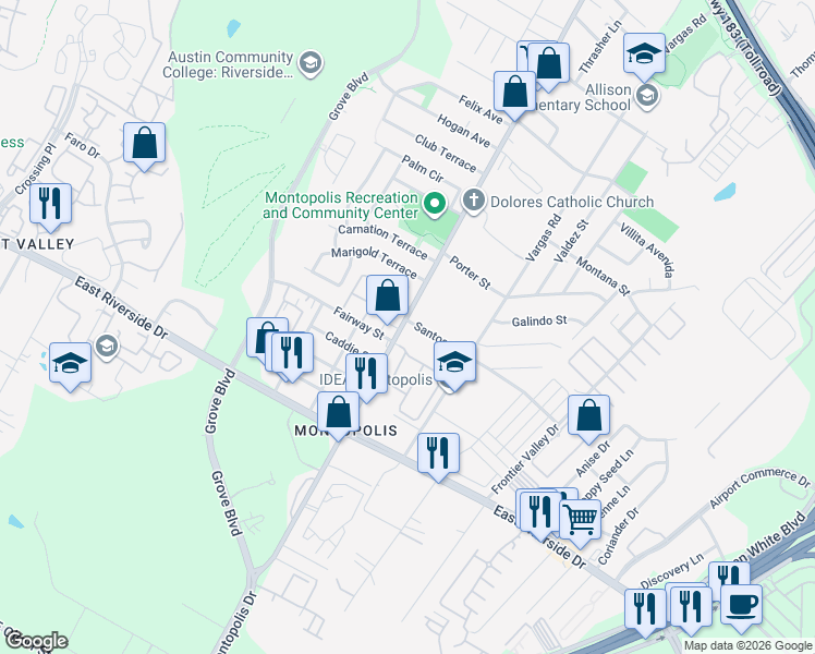 map of restaurants, bars, coffee shops, grocery stores, and more near 6305 Santos Street in Austin