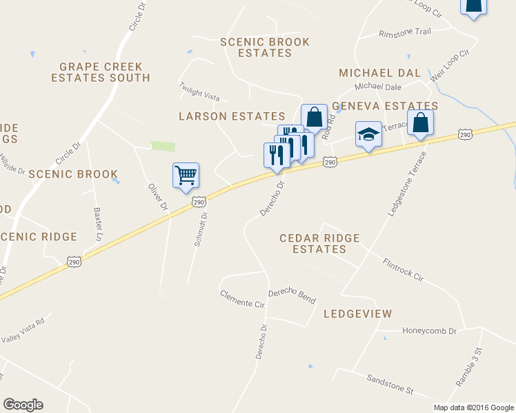 map of restaurants, bars, coffee shops, grocery stores, and more near 1 Derecho Bend in Austin