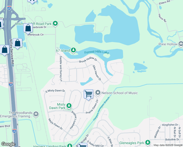 map of restaurants, bars, coffee shops, grocery stores, and more near 708 Glen Haven Drive in Conroe