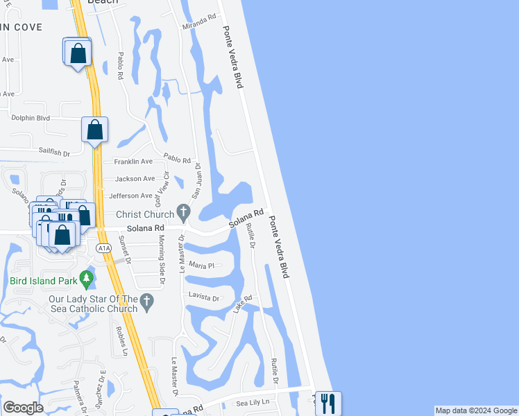 map of restaurants, bars, coffee shops, grocery stores, and more near 422 Ponte Vedra Boulevard in Ponte Vedra Beach
