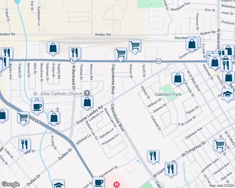 map of restaurants, bars, coffee shops, grocery stores, and more near 430 Eraste Landry Road in Lafayette