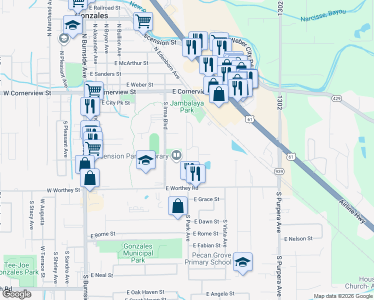 map of restaurants, bars, coffee shops, grocery stores, and more near 632 South Nickens Avenue in Gonzales