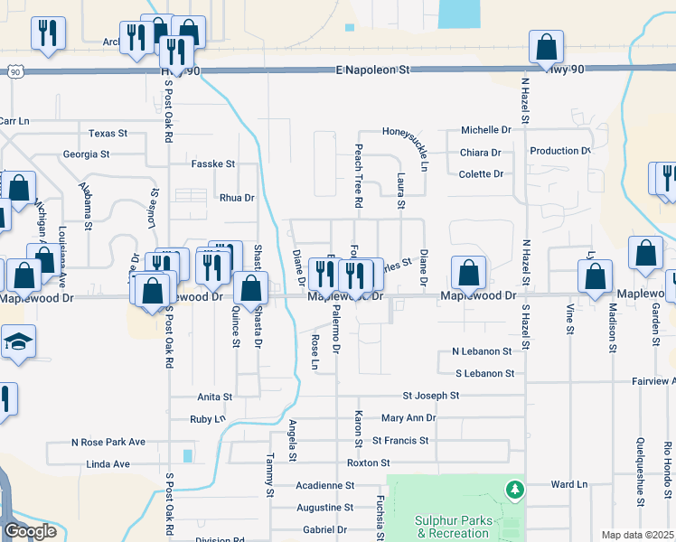 map of restaurants, bars, coffee shops, grocery stores, and more near 1404 Beth Street in Sulphur