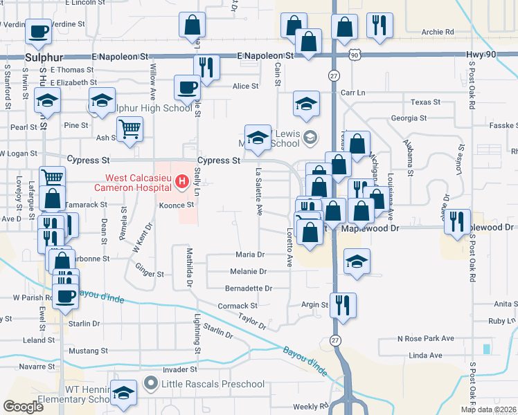 map of restaurants, bars, coffee shops, grocery stores, and more near 1210 La Salette Avenue in Sulphur