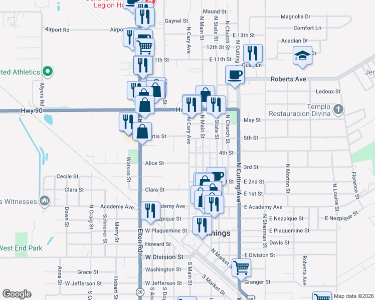 map of restaurants, bars, coffee shops, grocery stores, and more near 819 North Cary Avenue in Jennings