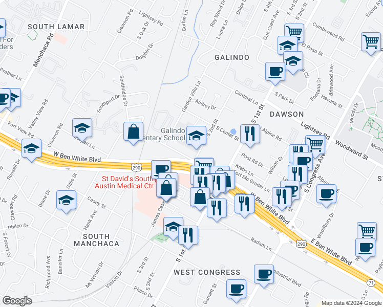 map of restaurants, bars, coffee shops, grocery stores, and more near 828 Banister Lane in Austin