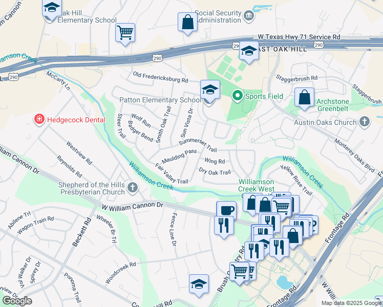 map of restaurants, bars, coffee shops, grocery stores, and more near 5007 Wing Road in Austin