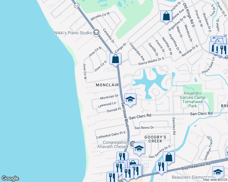 map of restaurants, bars, coffee shops, grocery stores, and more near 3721 Montclair Drive in Jacksonville