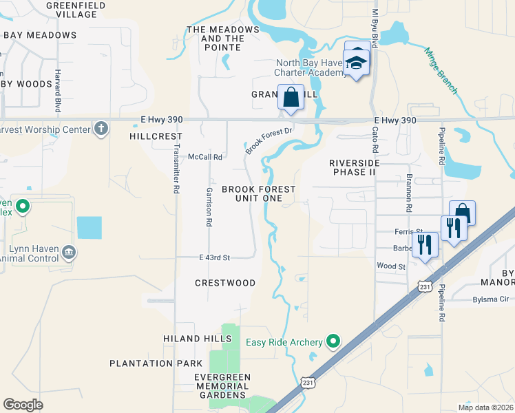 map of restaurants, bars, coffee shops, grocery stores, and more near 4406 Brook Forest Drive in Panama City