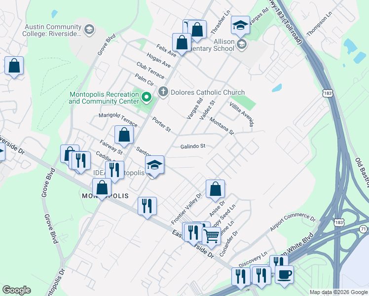 map of restaurants, bars, coffee shops, grocery stores, and more near 6704 Cruz Street in Austin