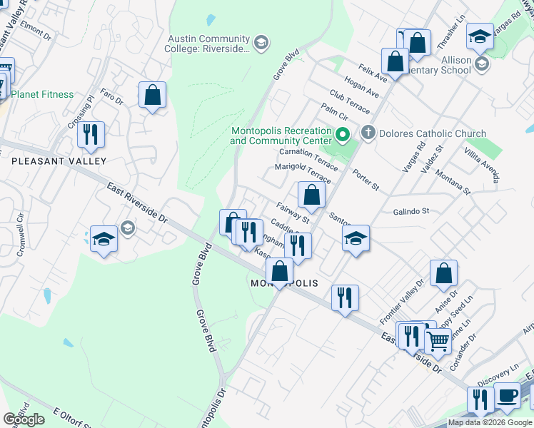 map of restaurants, bars, coffee shops, grocery stores, and more near 6111 Caddie Street in Austin