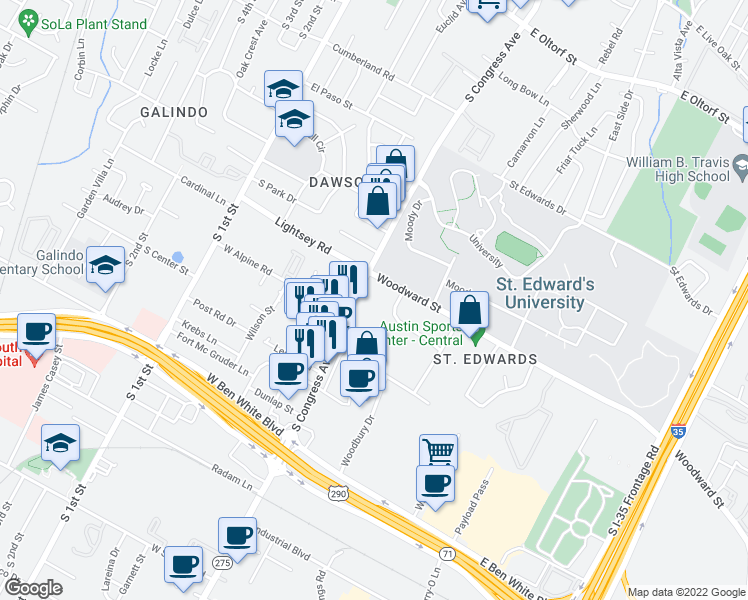 map of restaurants, bars, coffee shops, grocery stores, and more near 3601 South Congress Avenue in Austin