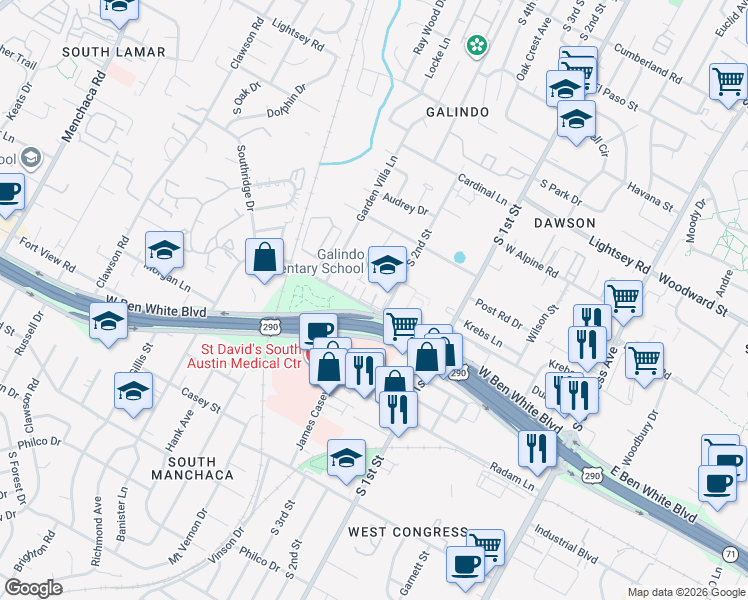 map of restaurants, bars, coffee shops, grocery stores, and more near 3809 South 2nd Street in Austin