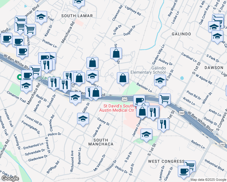 map of restaurants, bars, coffee shops, grocery stores, and more near 1112 West Ben White Boulevard in Austin