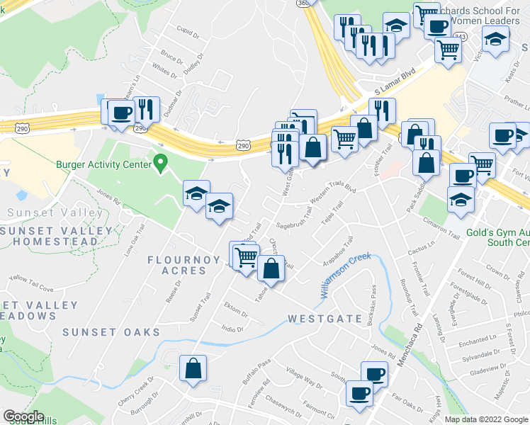 map of restaurants, bars, coffee shops, grocery stores, and more near 4810 West Wind Trail in Austin