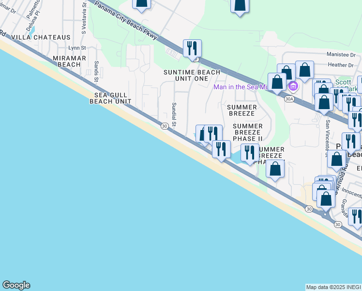 map of restaurants, bars, coffee shops, grocery stores, and more near 17497 Front Beach Rd in Panama City Beach