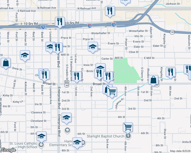 map of restaurants, bars, coffee shops, grocery stores, and more near 1621 Broad St in Lake Charles