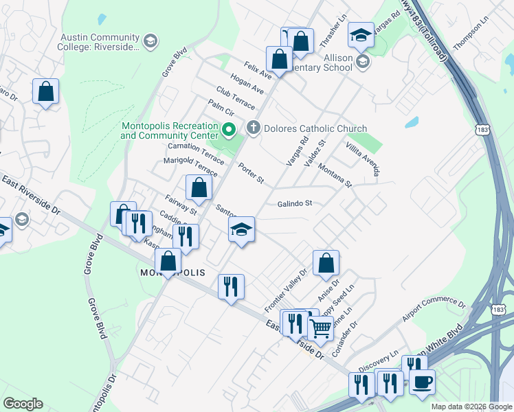 map of restaurants, bars, coffee shops, grocery stores, and more near 1409 Vargas Road in Austin