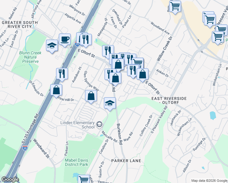 map of restaurants, bars, coffee shops, grocery stores, and more near 2508 Burleson Road in Austin