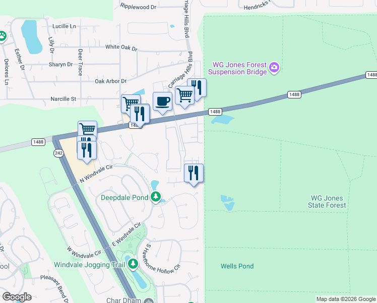 map of restaurants, bars, coffee shops, grocery stores, and more near 2443 Farm to Market Road 1488 in Conroe