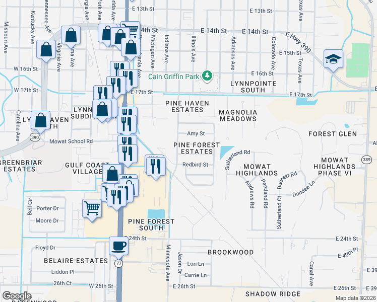 map of restaurants, bars, coffee shops, grocery stores, and more near 504 Redbird Street in Lynn Haven