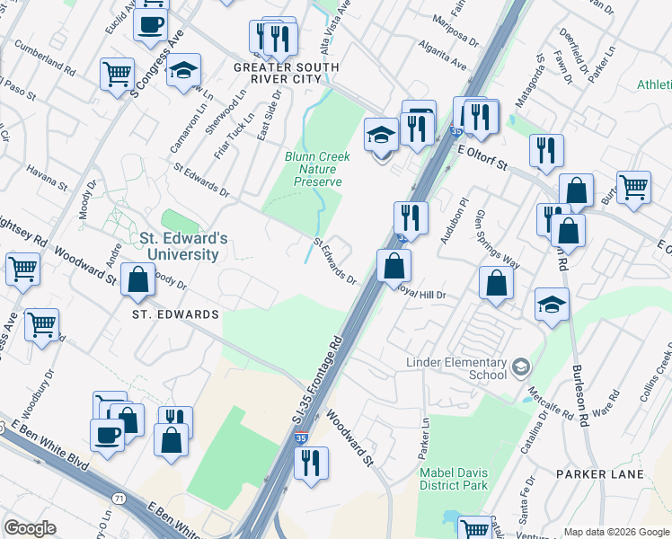 map of restaurants, bars, coffee shops, grocery stores, and more near St Edwards Dr & St Edwards Cir in Austin