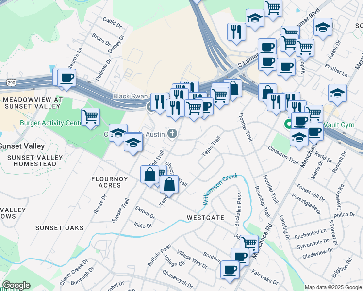 map of restaurants, bars, coffee shops, grocery stores, and more near 4716 Sagebrush Trail in Austin