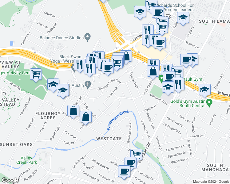 map of restaurants, bars, coffee shops, grocery stores, and more near 4517 Apache Pass in Austin