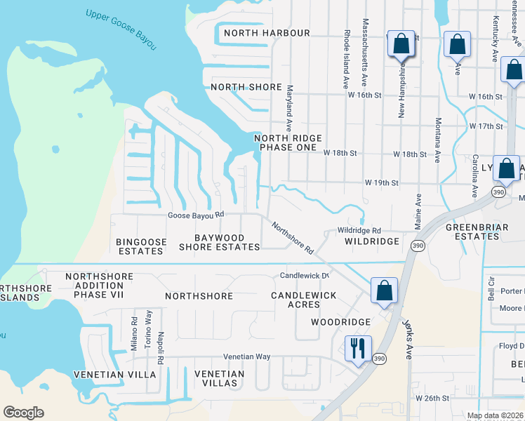 map of restaurants, bars, coffee shops, grocery stores, and more near 4405 Northshore Road in Lynn Haven