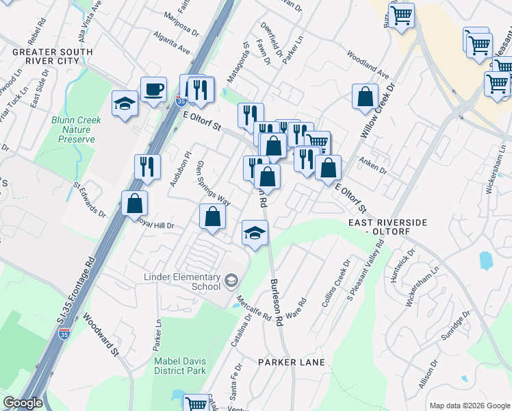 map of restaurants, bars, coffee shops, grocery stores, and more near 2508 Burleson Road in Austin