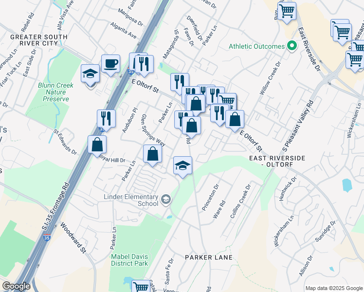 map of restaurants, bars, coffee shops, grocery stores, and more near 2500 Burleson Road in Austin