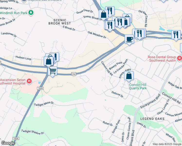 map of restaurants, bars, coffee shops, grocery stores, and more near 7501 U.S. 290 in Austin