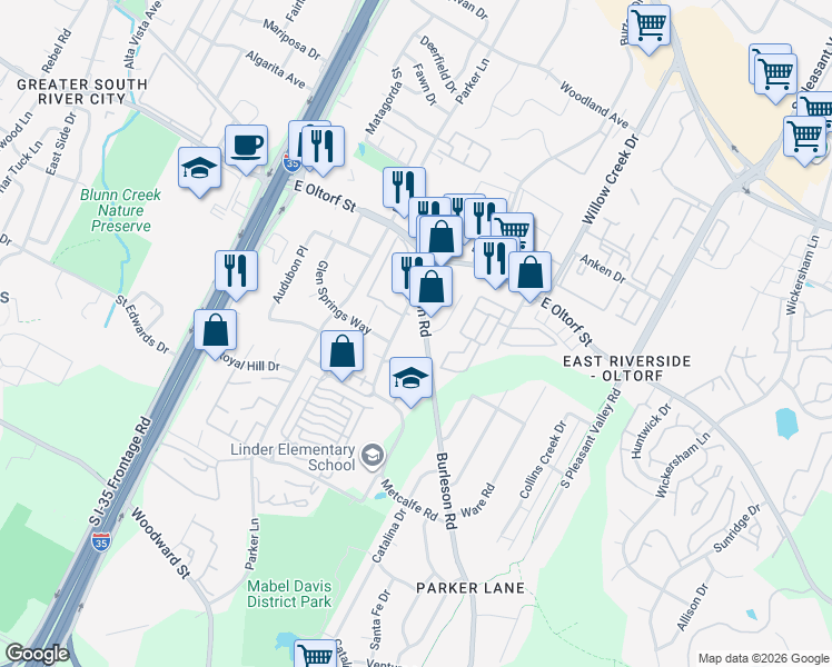 map of restaurants, bars, coffee shops, grocery stores, and more near 2508 Burleson Road in Austin