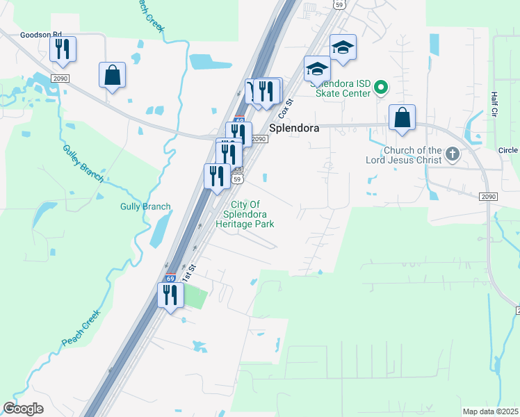 map of restaurants, bars, coffee shops, grocery stores, and more near 14917 1st Street in Splendora
